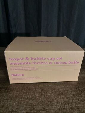 Teapot & Bubble Cup Set - Cream with Pink Text